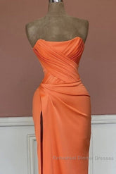 Mermaid Orange Satin Strapless Split Gown